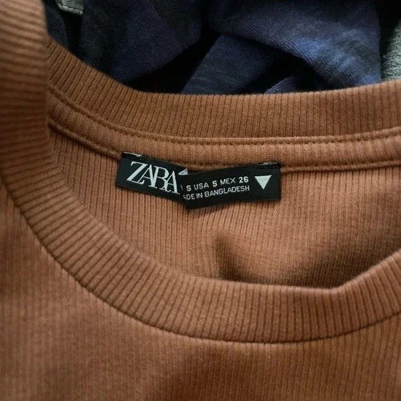 Zara Brown Rust Ruched Bodycon Mini Dress Short Sleeve Crew Blogger Small - Picture 5 of 8